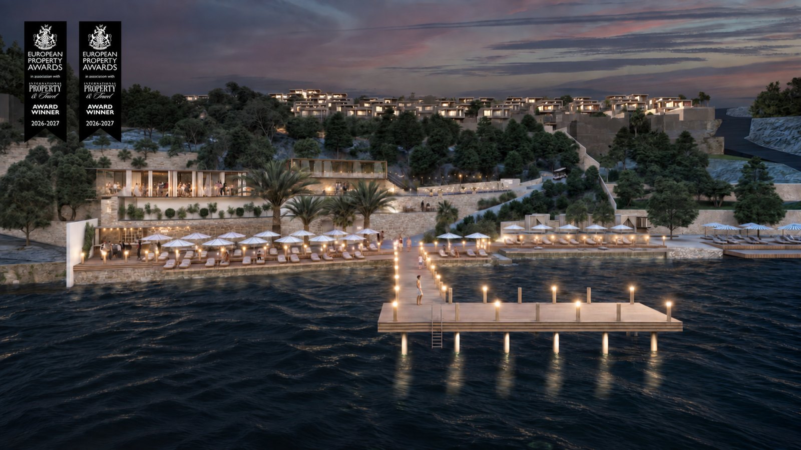 Hebil Blue architectural visualisation with two European Property Awards ribbons
