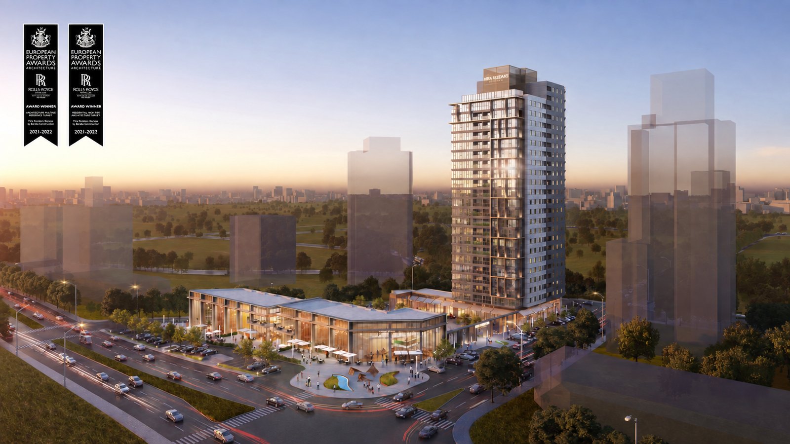 Mira Residence architectural visualisation with two European Property Awards ribbons
